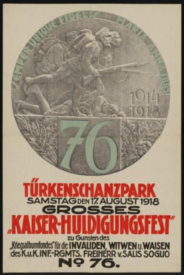 Plakat zum 70. Jubiläum des Kaiser-Huldigungsfestes in Berlin, Deutschland, mit einer Gruppe von Menschen, umgeben von Text und Zahlen in einem Rahmen.