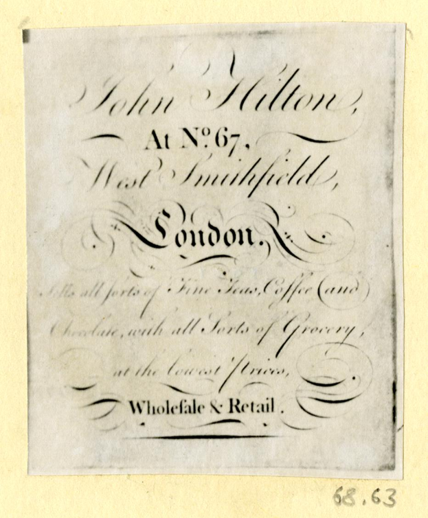 Ein Blatt Papier mit der Aufschrift "John Hilton, No. 67, West Smithfield, London"