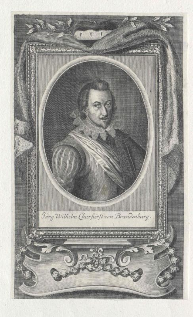 Schwarzes und weißes Gravurporträt von Jorg Wilhelm Cauphort von Brandenburg in einem Anzug und Krawatte, gerahmt mit Text unten.
