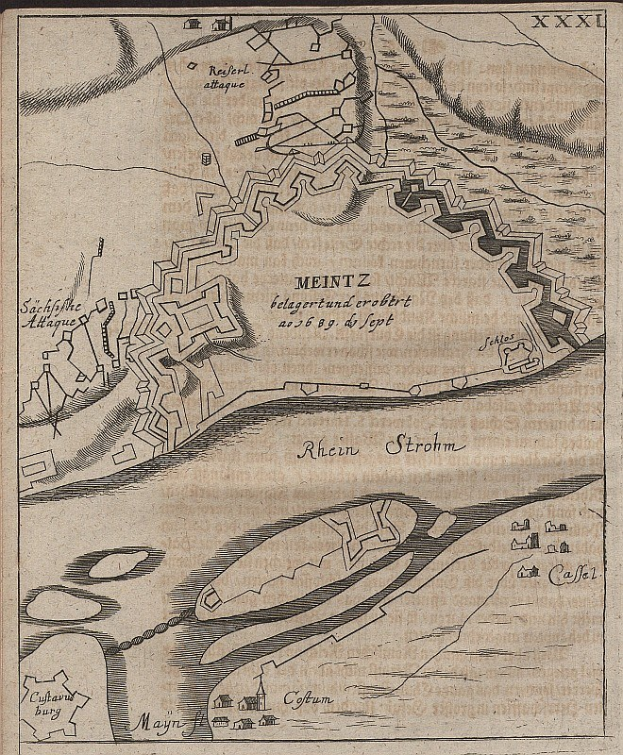 Alte detaillierte Karte von Meintz, Deutschland, zeigt Straßen, Gebäude, Sehenswürdigkeiten und historische Informationen über die Stadt.