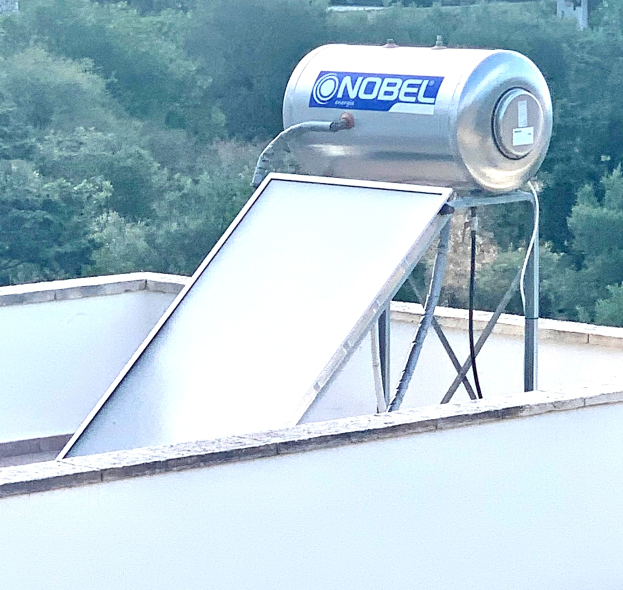 Solarwassererwärmer auf dem Dach eines Gebäudes mit einem angebauten Speichertank, vor einem Hintergrund aus Bäumen.