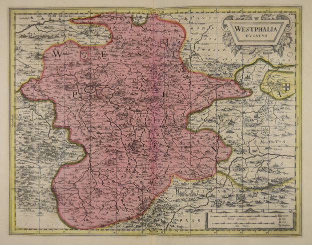 Eine alte Karte von Westfalen, Deutschland, mit den Provinzen des Königreichs England und Wales deutlich sichtbar, auf Papier mit detaillierten Texten über die Region gedruckt.