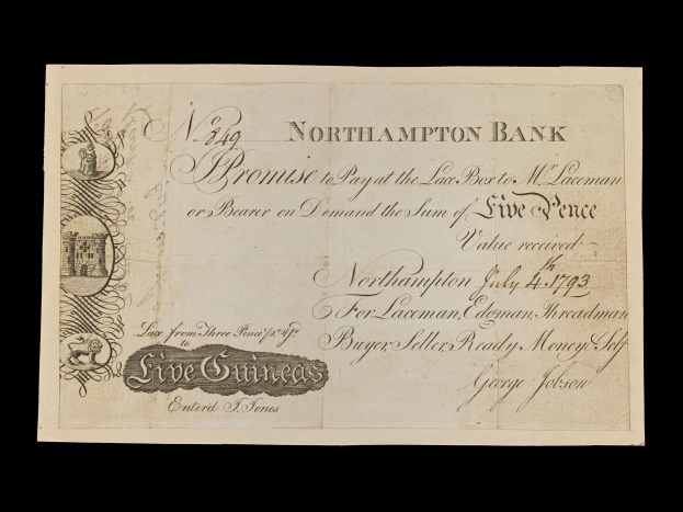 Ein alter Banknote aus Northampton mit einem Porträt eines Mannes und gedrucktem Text, der Informationen über die Bank enthält.