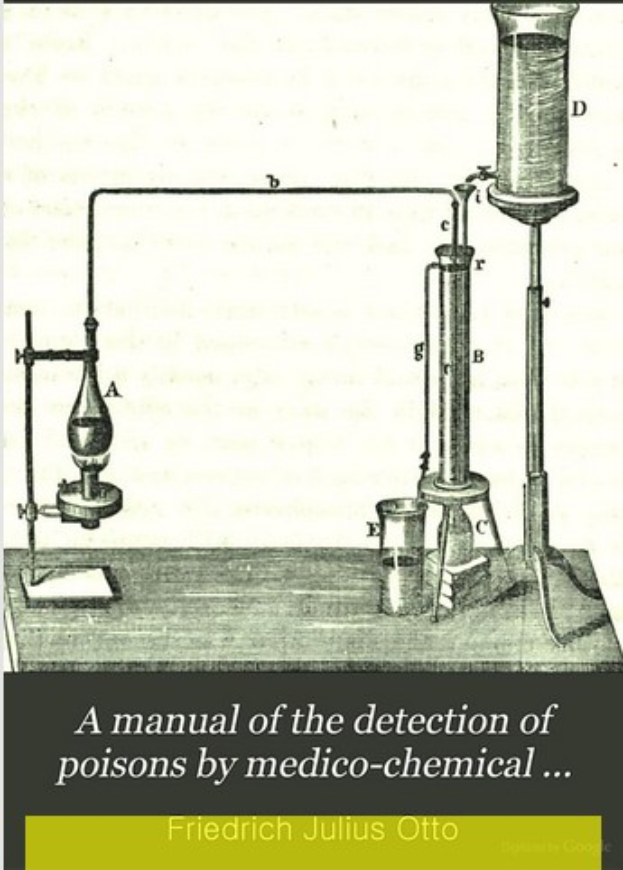 Ein Plakat mit einem zentralen Kolben, der mit Flüssigkeit gefüllt ist, umgeben von anderen Kolben und Reagenzgläsern, mit der Aufschrift "Ein Handbuch zur Detektion von Giften durch Medizinalchemie" unten.