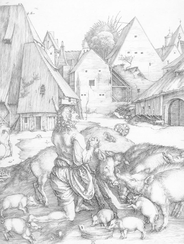 Ein schwarz-weißes Kupferstich aus dem 17. Jahrhundert von Albrecht Dürer, das einen Mann zeigt, der Schweine in einem Dorf füttert, mit Häusern, Bäumen und einem Wagen im Hintergrund.