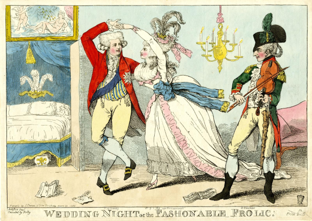 Eine Karikatur eines Mannes und einer Frau, die auf einer Hochzeit tanzen, beleuchtet von einem Kronleuchter, mit einem Bett, einem Rahmen an der Wand und verschiedenen Gegenständen auf dem Boden; unten steht der Text "Hochzeitsnacht oder das modebewusste Vergnügen".