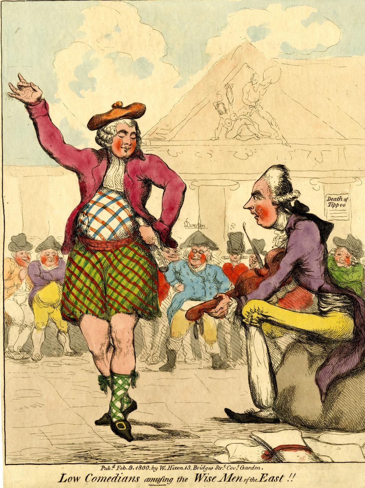 Zeichnung eines Mannes in einem Kilt und einer Frau in einem Kleid, die vor einem Publikum auf einer Bühne stehen, mit der Bildunterschrift 'Niedrige Komiker amüsieren die weisen Männer des Ostens' unten.