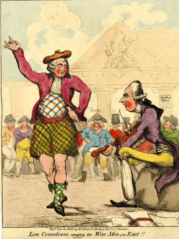 Zeichnung eines Mannes in einem Kilt und einer Frau in einem Kleid, die vor einem Publikum auf einer Bühne stehen, mit der Bildunterschrift 'Niedrige Komiker amüsieren die weisen Männer des Ostens' unten.