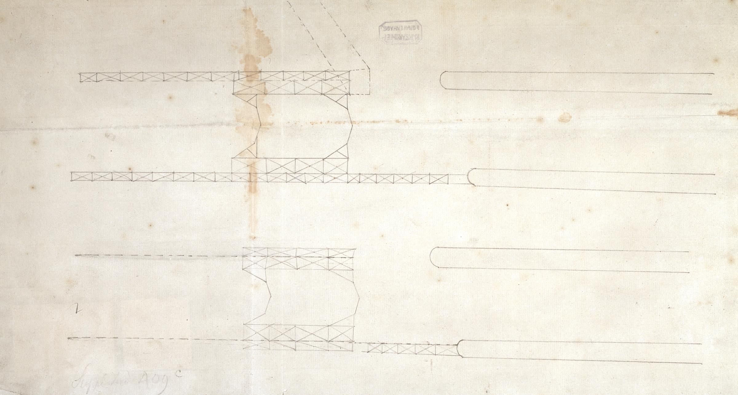 Schwarzes und weißes Architektur-Zeichnung einer Brückenbauplan mit detaillierten Linien und Anmerkungen auf Papier.