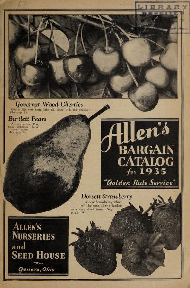 Eine 1935-Werbung für Allen's Bargain Catalog mit leuchtenden Illustrationen von Äpfeln, Orangen, Trauben und anderen Früchten sowie fetter Schrift und einem dekorativen Rahmen.