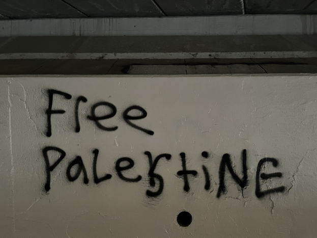 Eine Wand mit den Worten "free palestine" in schwarzer Graffiti-Schrift, beleuchtet von oben.