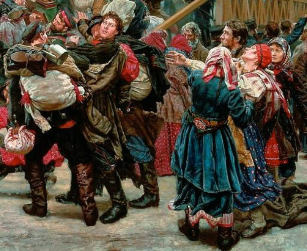 Gemälde von Menschen in traditioneller russischer Kleidung, die vor einem Publikum tanzen, während einige Gegenstände halten, vor einer hölzernen Hauskulisse.