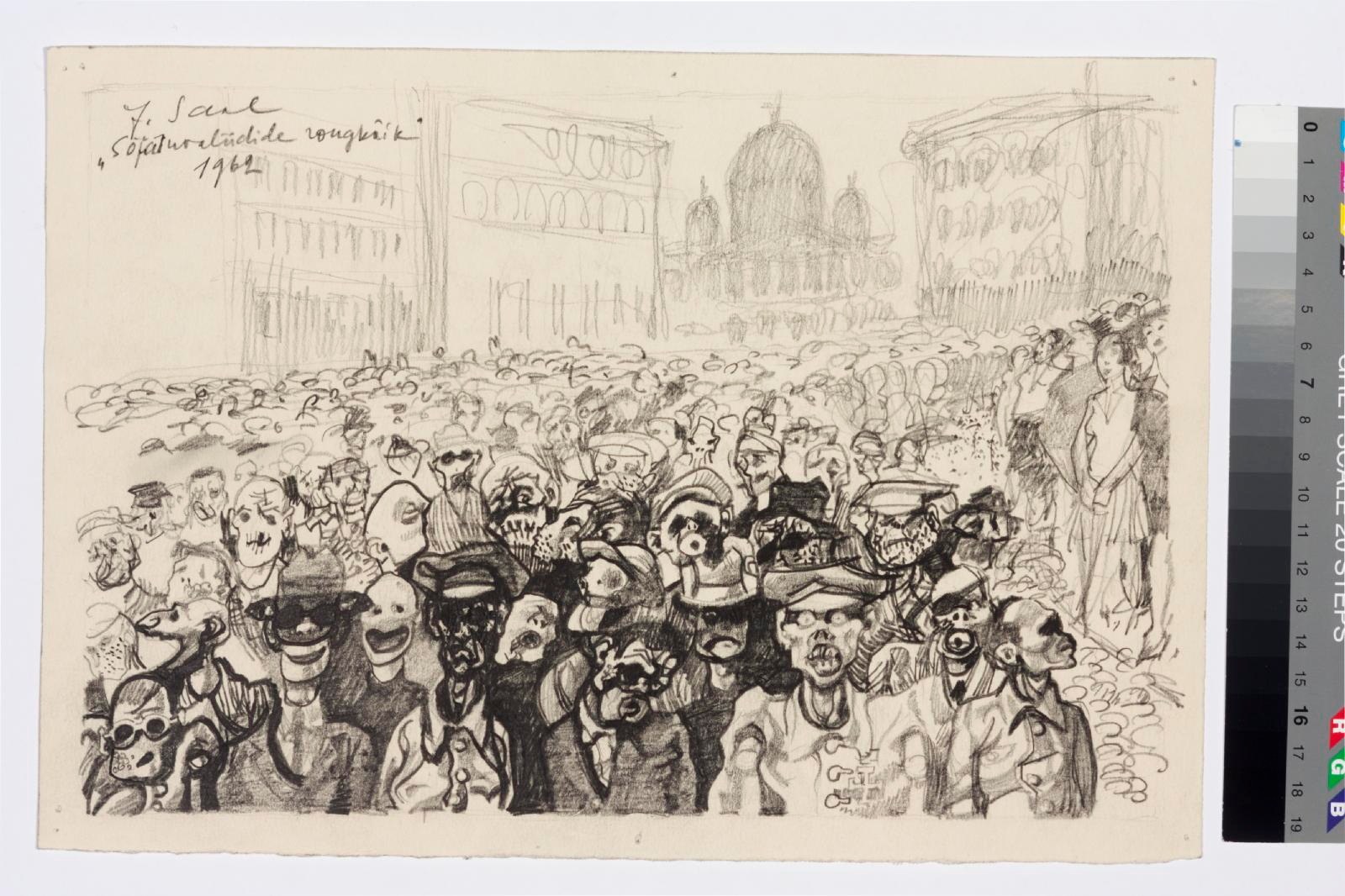 Schwarze und weiße Illustration einer Demonstration mit Menschen, die Schilder halten und gestikulieren, vor einem hohen Gebäude, mit Farbskalen auf der rechten Seite.
