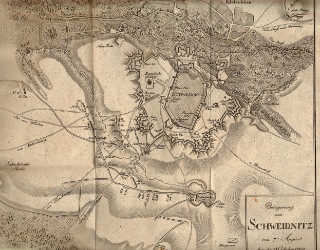 Ein detaillierter alter Stadtplan von Schweidnitz, Deutschland, der Stra├čen, Geb├Ąude, Landmarken und Text zeigt, der Informationen ├╝ber die Bev├Âlkerung, Geschichte und Kultur der Stadt liefert.