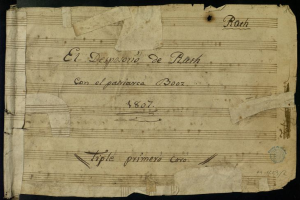 Ein altes, teilweise unleserliches Dokument des Todes mit Musiknoten, vor schwarzem Hintergrund.