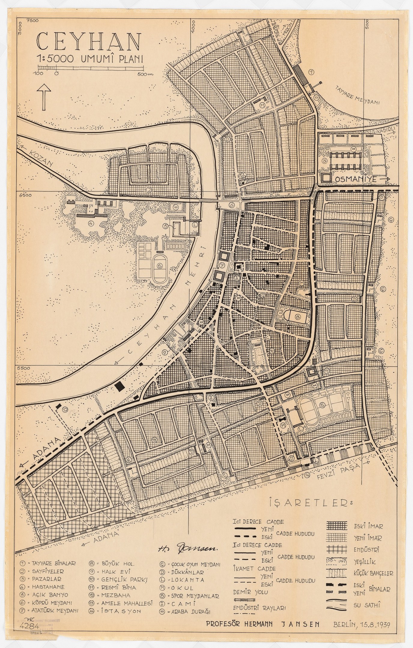Detailiertes altes Stadtplan von Ceyhan, Türkei, zeigt Straßen, Gebäude und Sehenswürdigkeiten mit begleitendem Text über die Bevölkerung und Merkmale der Stadt.