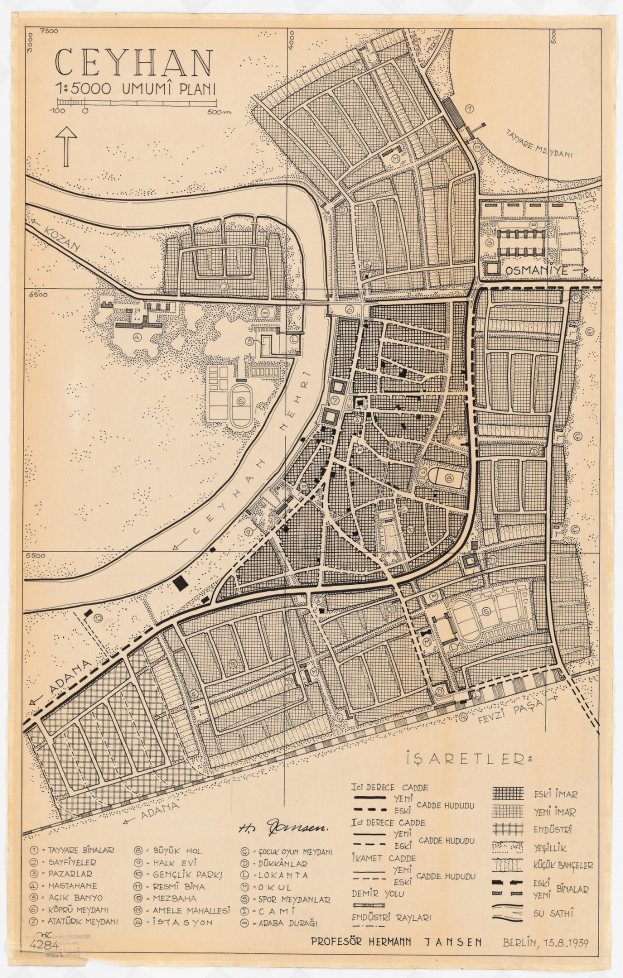 Detailiertes altes Stadtplan von Ceyhan, Türkei, zeigt Straßen, Gebäude und Sehenswürdigkeiten mit begleitendem Text über die Bevölkerung und Merkmale der Stadt.