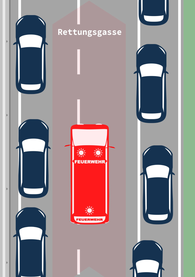 Roter Wagen fährt auf einer Straße mit der Aufschrift "Rettungsgasse" und wird von anderen Fahrzeugen umgeben, was Teil einer Verkehrssicherheitsaktion ist.