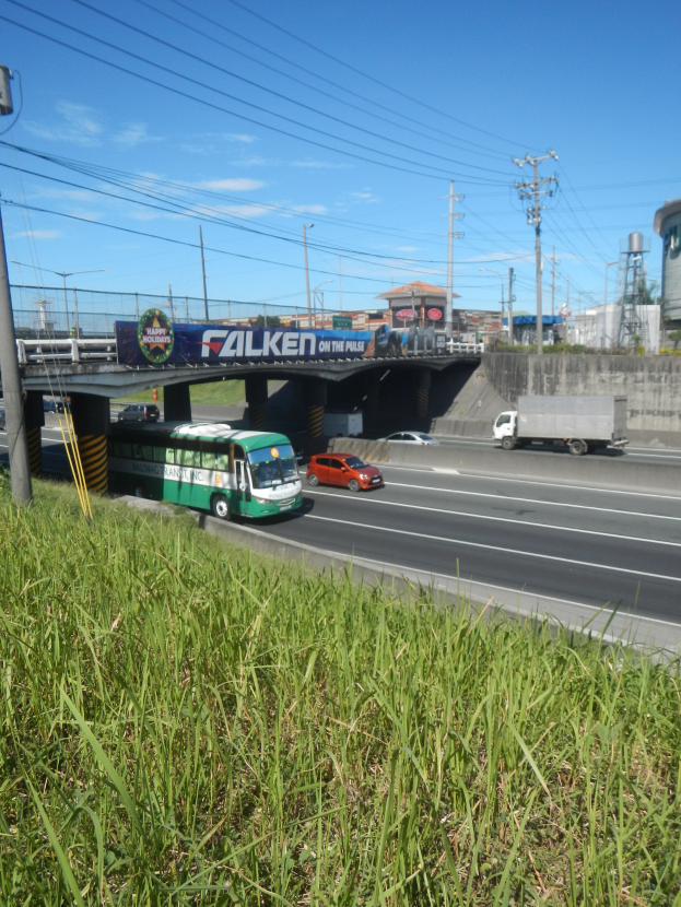Grüner Bus auf einer Autobahn neben hohem Gras mit einer Brücke, Strommasten mit Drähten, Gebäuden und einem bewölkten Himmel im Hintergrund.