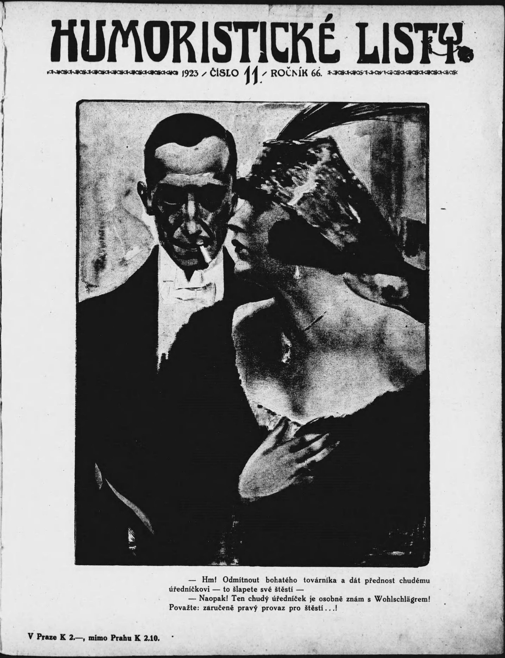 Schwarze und weiße Zeitschriftentitelbild mit einem Mann im Anzug mit ernstem Gesichtsausdruck und einer Frau mit leichtem Grinsen, betitelt 'Humoristische Liste' in fetter weißer Schrift.