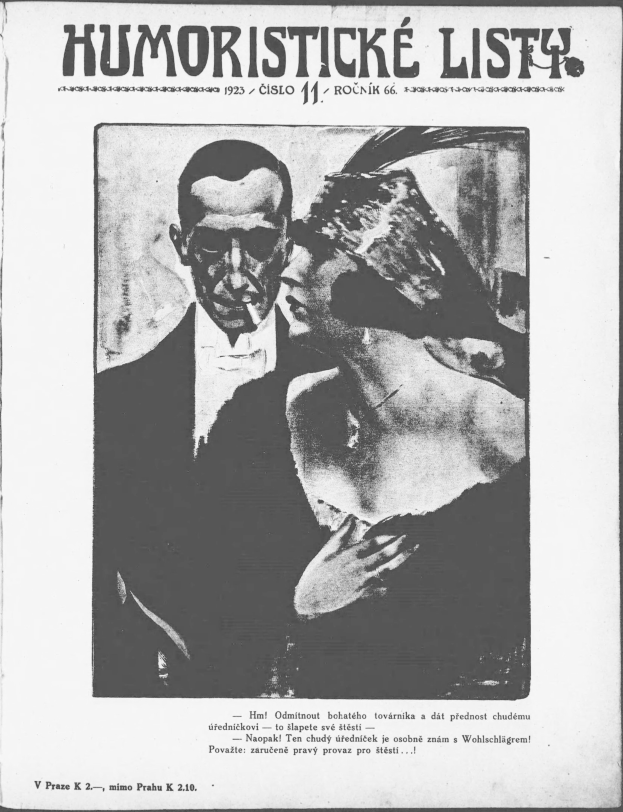 Schwarze und weiße Zeitschriftentitelbild mit einem Mann im Anzug mit ernstem Gesichtsausdruck und einer Frau mit leichtem Grinsen, betitelt 'Humoristische Liste' in fetter weißer Schrift.