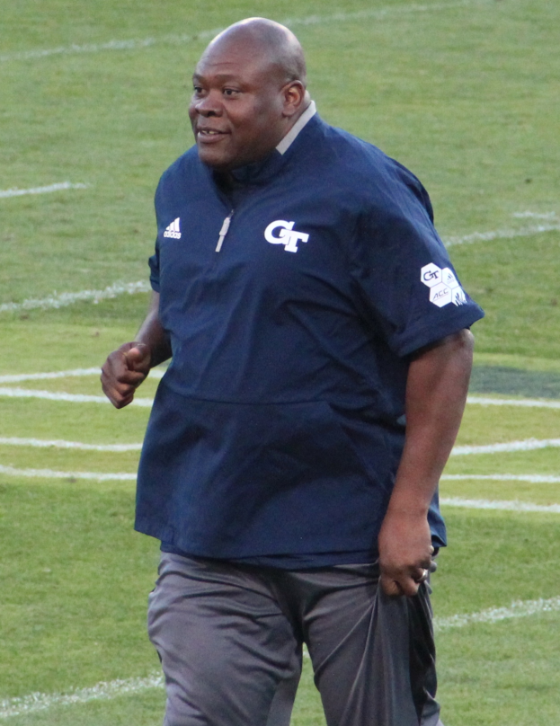 Ein Mann in einem blauen Hemd und grauen Hosen steht auf einem grünen Feld und lächelt selbstbewusst und entschlossen.