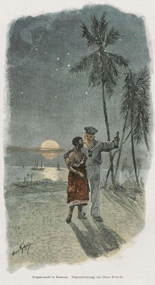 Ein Mann und eine Frau stehen zusammen am Strand bei Sonnenuntergang mit einer Palme im Hintergrund, der Mann hält ein Objekt, und Text unten im Bild.