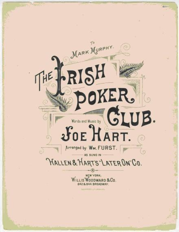 Ein Plakat mit der Aufschrift "The Irish Poker Club" und einem Shamrock-Motiv, das von einem schwarzen Rahmen auf einem weißen Hintergrund umgeben ist.
