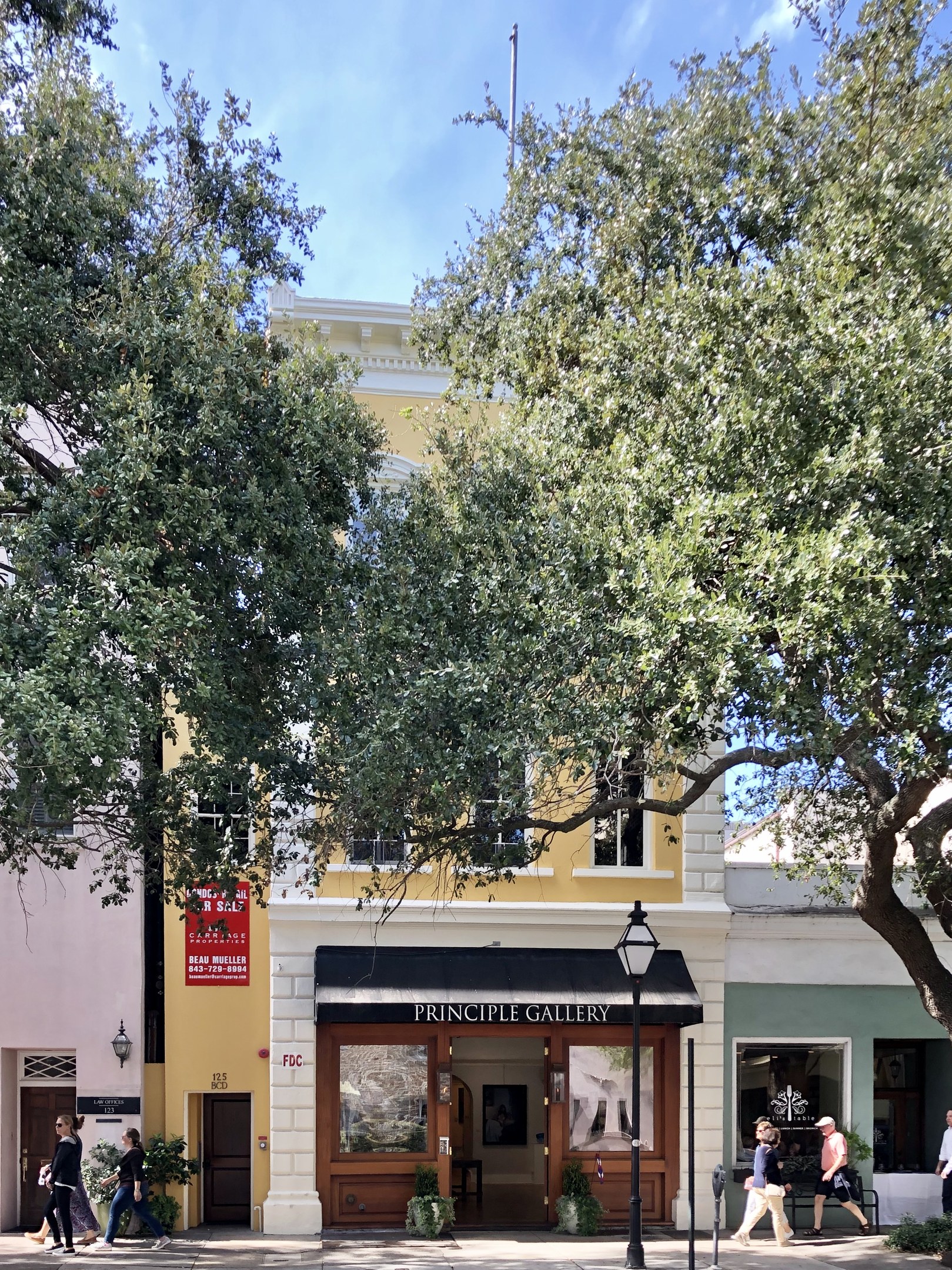 Gruppe von Menschen, die auf einem Bürgersteig vor dem Principle Gallery Building in Charleston, SC, mit Topfpflanzen, einer Straßenlaterne, einem Schild, einer Fahne, einem Fahnenmast und einem bewölkten Himmel gehen.