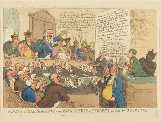 Cartoon-Illustration eines Gerichtsszenen-Titels "Boney's Trial, Sentence, and Dying Speech Europe's Injuries Revenged", die eine Gruppe von Menschen mit einer zentralen stehenden Figur und einem Tisch mit Gegenständen auf der rechten Seite zeigt.