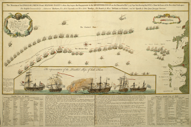 Ein Blatt Papier, das eine Karte der britischen und spanischen Flotte im Mittelmeer zeigt, mit mehreren Schiffen im Hintergrund und begleitendem Text, der die Schiffe detailliert.