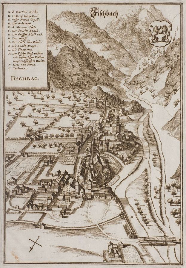Alte Karte von Fischbach, Deutschland, mit H├Ąusern, B├Ąumen, Hügeln, einem gewundenen Fluss, Text und einem Logo auf altem Papier.