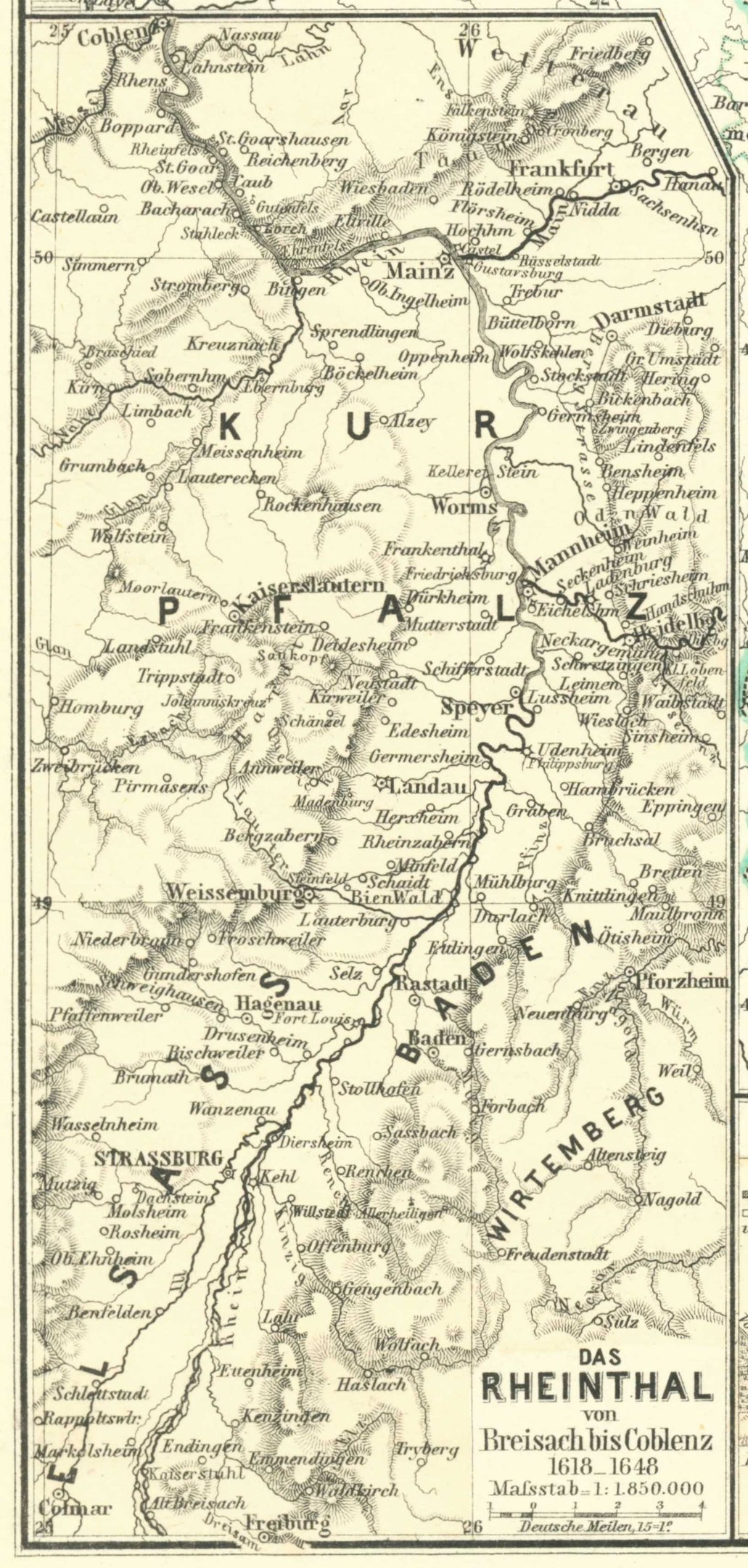 Alte Karte des Rheins in Deutschland, die Flüsse, Städte und Gewässer zeigt, mit Text oben und unten.