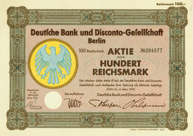 Alte deutsche Banknote mit einer Vogeldarstellung und der Aufschrift "Deutsche Bank und Disconto-Gefällichaft Berlin".