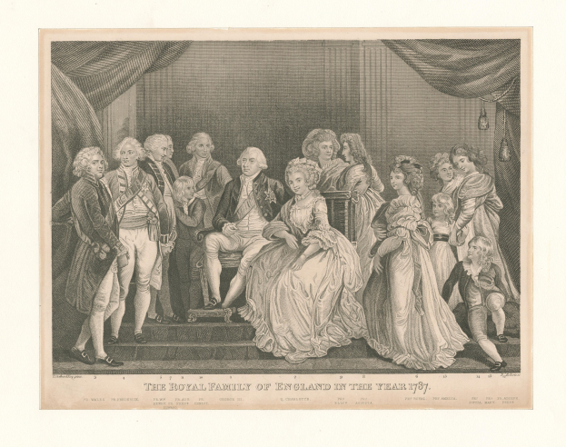 Eine Gruppe von Menschen, darunter die royale Familie Englands, die auf einer Treppe vor einer Vorhangwand im Jahr 1787 steht und sitzt, mit Text unten.