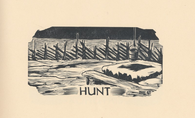 Eine Schwarz-Weiß-Zeichnung eines Bootes im Wasser mit einem hölzernen Zaun und einem Eimer, beschriftet mit 'Jagd' unten.