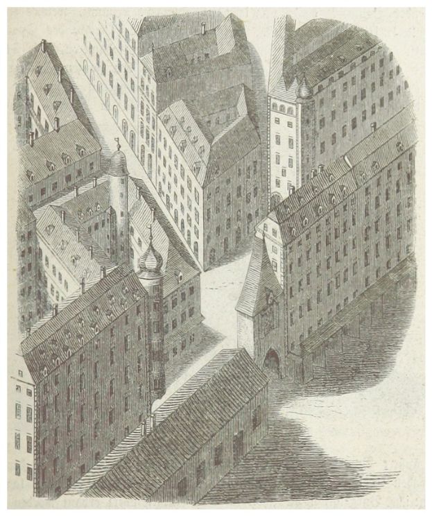 Ein detailliertes altes Stadtansichtsbild mit zahlreichen einzigartig gestalteten Gebäuden und Text unten.