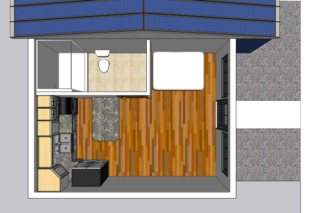 Grundriss eines Tiny Houses mit Küche und Wohnbereich, einschließlich Toilettensitz, Spüle und Schränken.