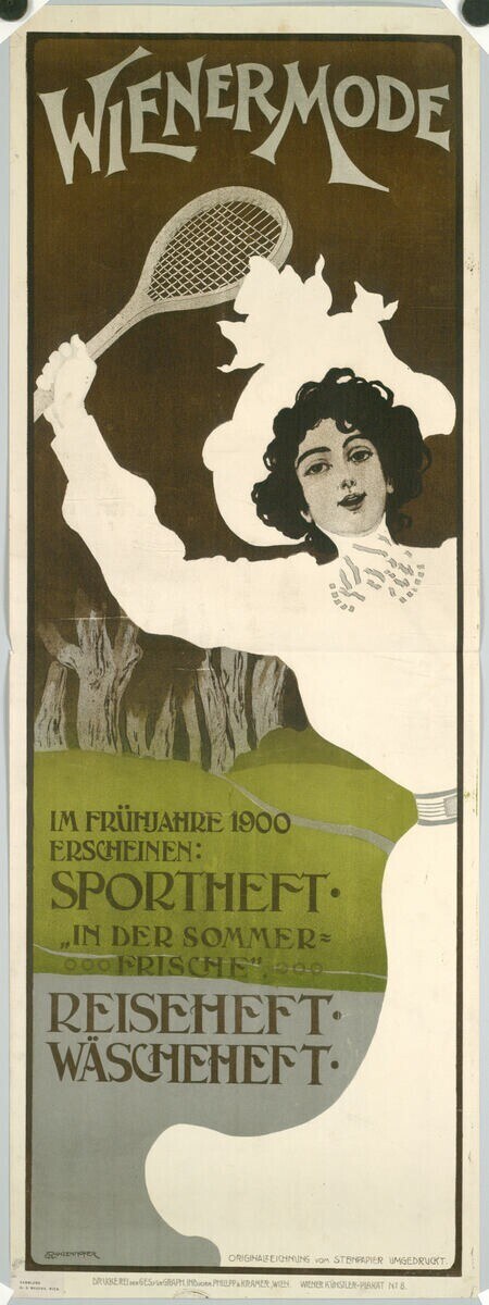 Plakat aus den 1920er Jahren, das ein Tennisturnier bewirbt und eine Frau mit einem Schläger zeigt