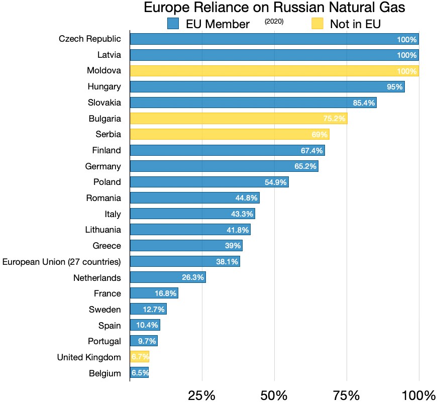 Eine Balkendiagramm, das den Prozentsatz von Russlands natürlichen Gasimporten in Europa zeigt, mit Text, der die Investitionsprozentsätze angibt.