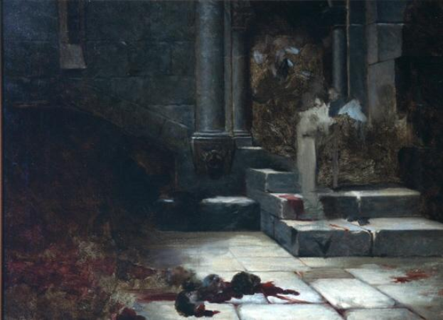 Eine Person auf einer Treppe in einem Foto, mit Säulen und Blutspuren auf dem Boden im Hintergrund.