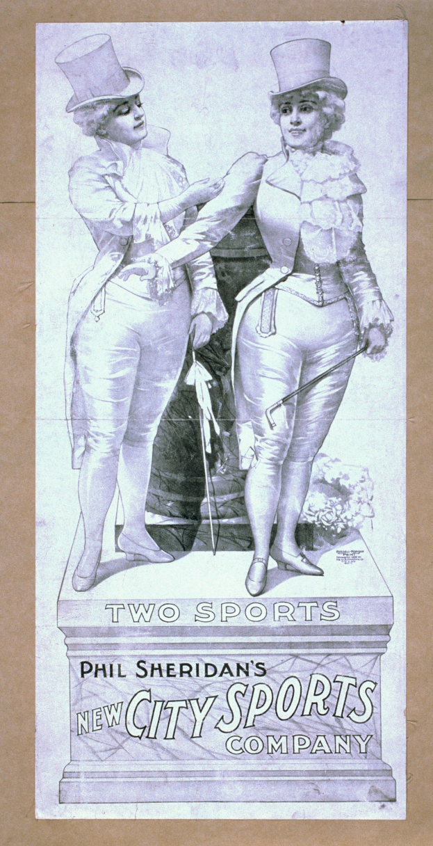 Plakat für die neue Sportfirma von Phil Sheridan mit zwei Personen nebeneinanderstehend und Text, der die Firma und ihre Dienstleistungen beschreibt.