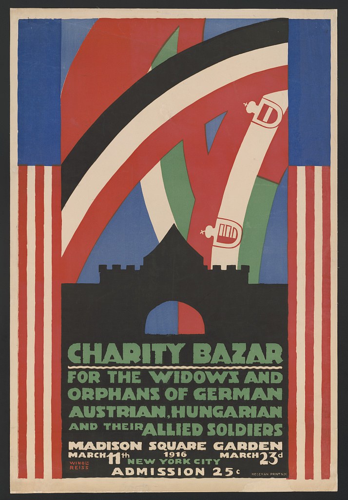 Plakat für einen Wohltätigkeitsbasar zugunsten von Witwen und Waisen deutscher, australischer, ungarischer und alliierter Soldaten mit Veranstaltungseinzelheiten im Text.