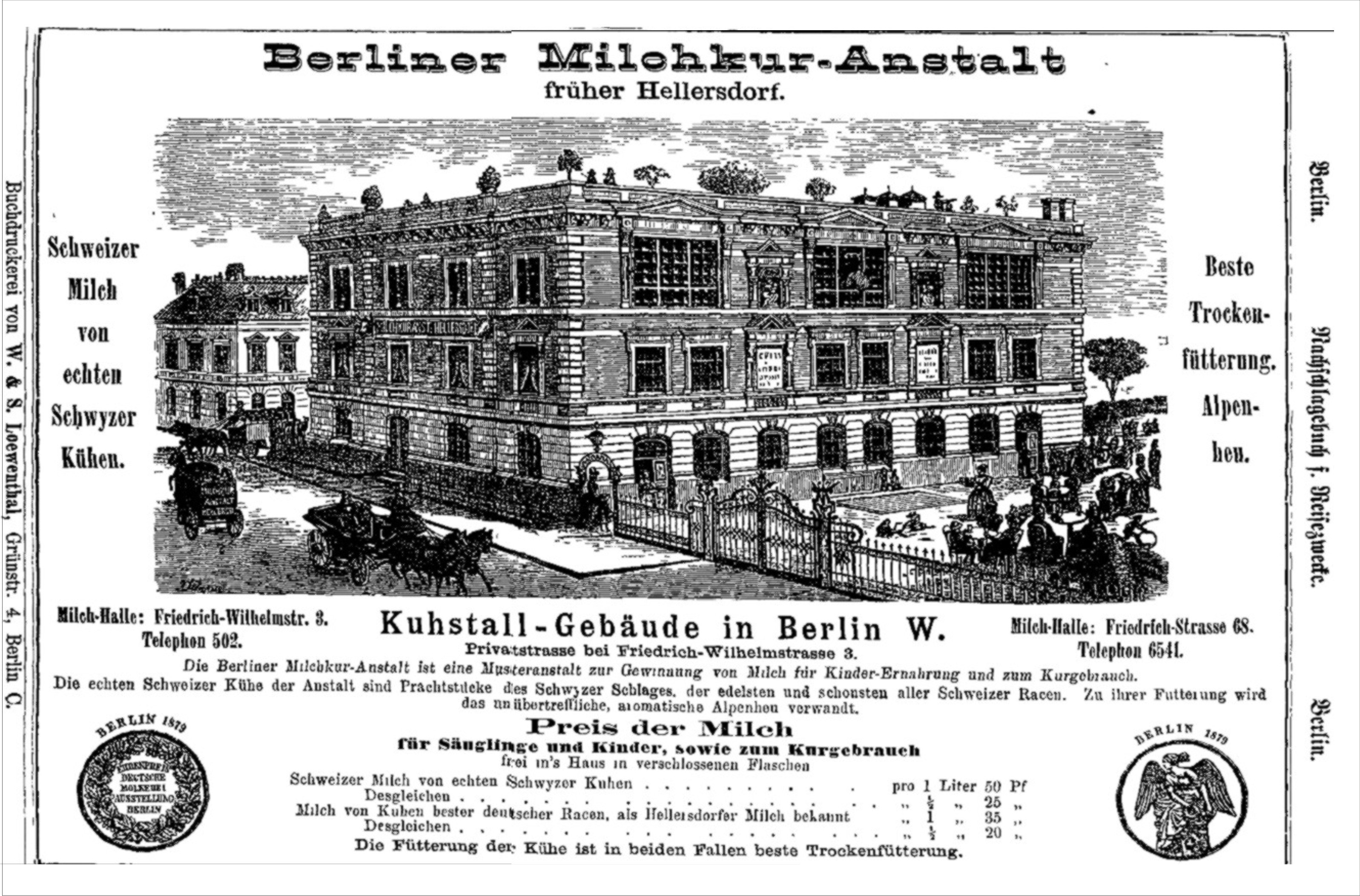 Schwarze und weiße Anzeige für ein Gebäude in Berlin, Deutschland, mit Text und einem Bild der Struktur.