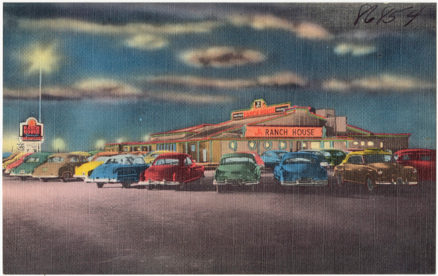 Eine Darstellung von Autos, einem Haus, einer Straßenlaterne und einem bewölkten Himmel.