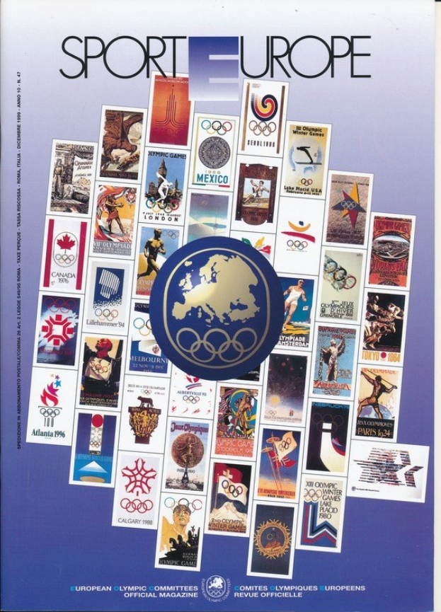 Ein Buchumschlag mit der Aufschrift 'Sport in Europa', der farbenfrohe Bilder und Texte zu den Olympischen Spielen in Europa zeigt, mit weißer, fetter Schrift und detaillierten Olympischen Symbolen.