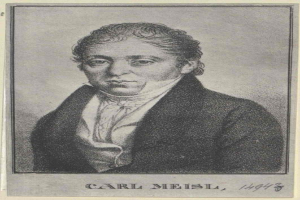 Schwarzes und weißes Porträt von Carl Meisl, einem deutschen Komponisten, der einen schwarzen Mantel trägt, mit Text am unteren Bildrand.