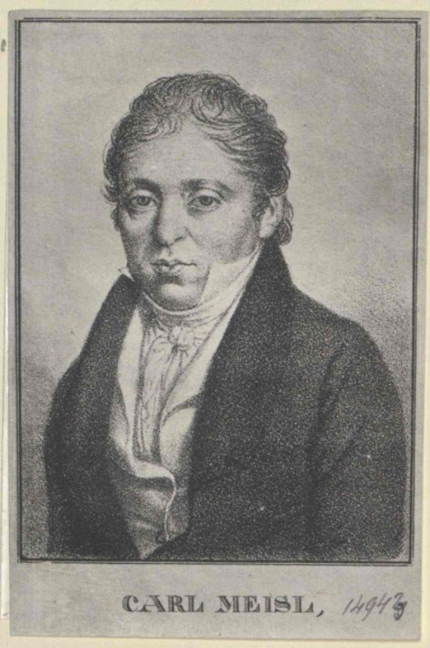 Schwarzes und weißes Porträt von Carl Meisl, einem deutschen Komponisten, der einen schwarzen Mantel trägt, mit Text am unteren Bildrand.