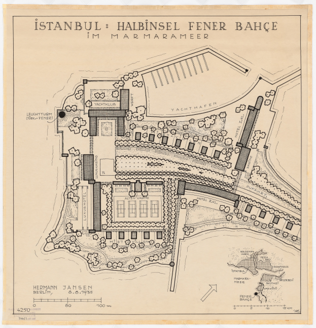 Ein detaillierter Stadtplan von Istanbul, Türkei, insbesondere der Halbinsel Fener Bahçe, mit informativem Text, vor einem weißen Hintergrund.
