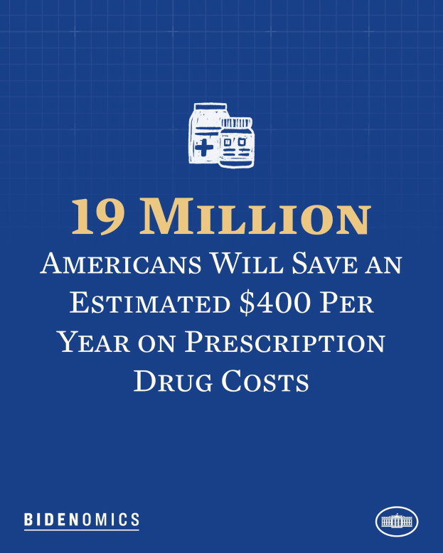 Ein blauer Hintergrund mit wei├čer Schrift und einem Logo, das '19 Millionen Amerikaner werden gesch├Ątzt $400 pro Jahr an Arzneikosten sparen' lautet.